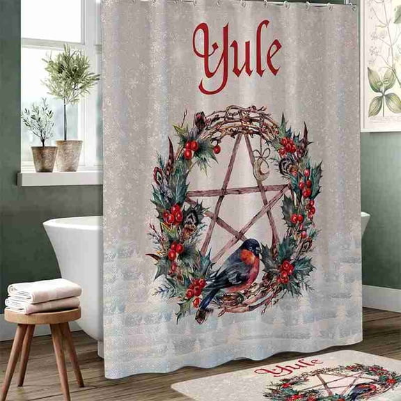 70x70 inch Yule Pentagram Wreath with Holly Berries and Bird Shower Curtain, Waterproof Polyester Fabric with Hooks for Bathroom Decor