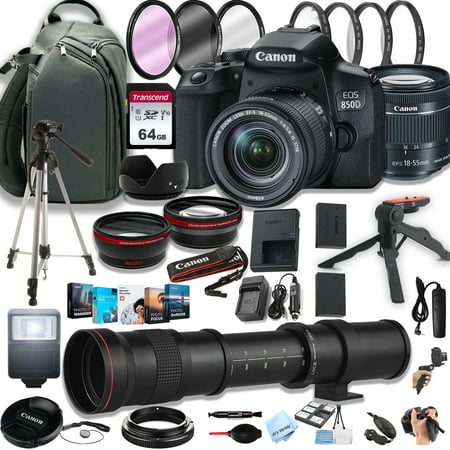 Image of Canon EOS 850D (Rebel T8i) DSLR Camera w/EF-S 18-55mm F/4-5.6 STM Zoom Lens + 420-800mm Super Telephoto Lens + 100S Sling Backpack + 64GB Memory Cards Professional Photo Bundle (42pc Bundle)