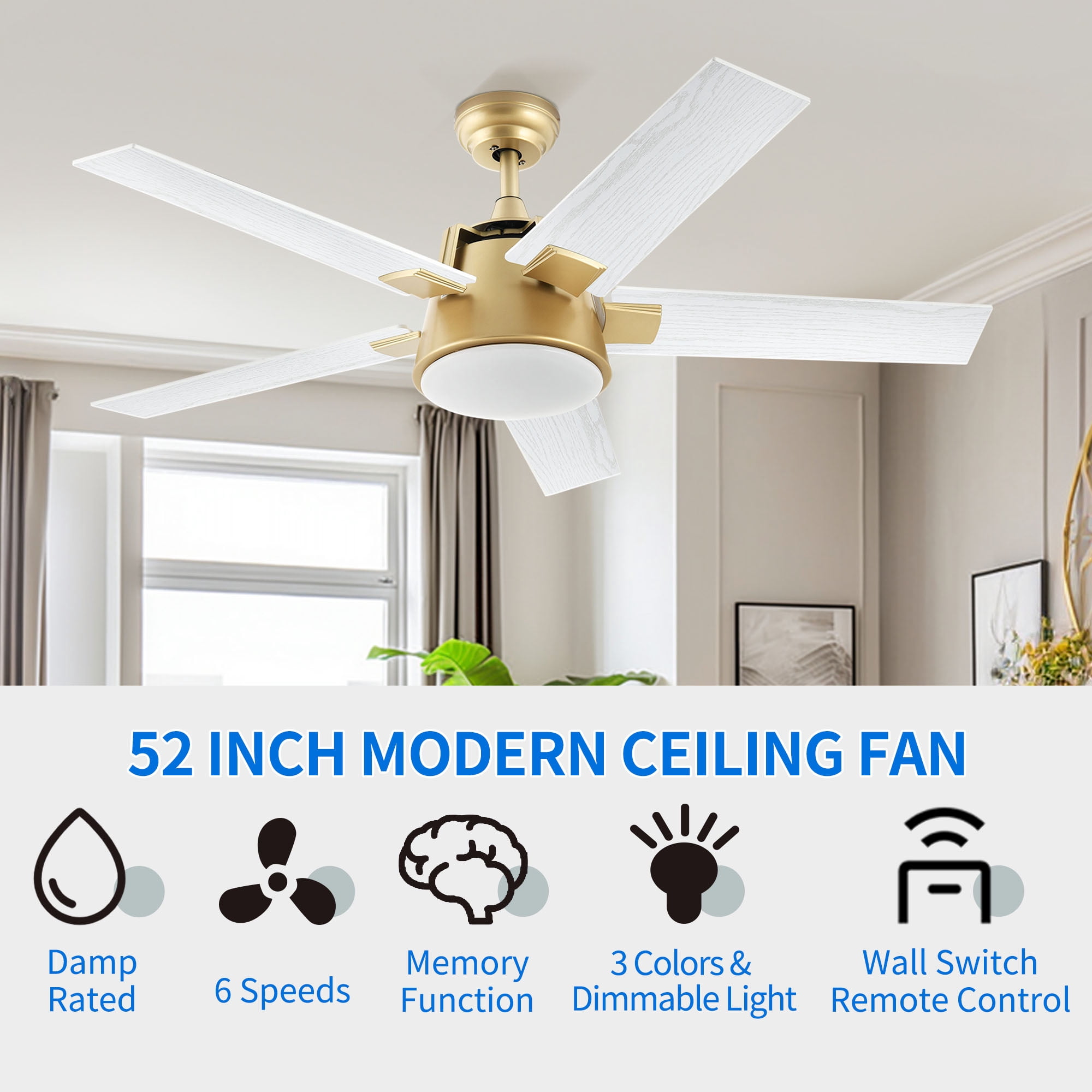 Dextrus 52in Modern Ceiling Fan with Light, Quiet Reversible Motor, 6-Speed, 5 Blades for Bedroom Living Room Patio - Gold & White