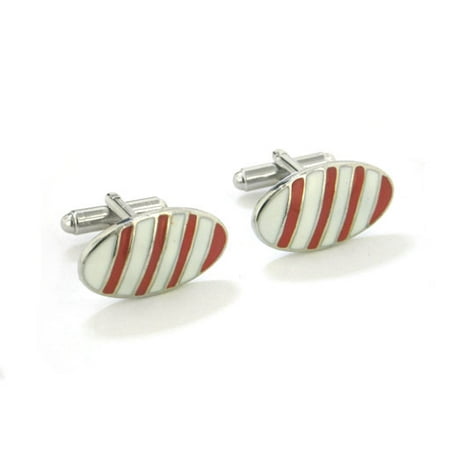 Mens Red and White Candy Cane Striped Oval Silver-Tone Cufflinks