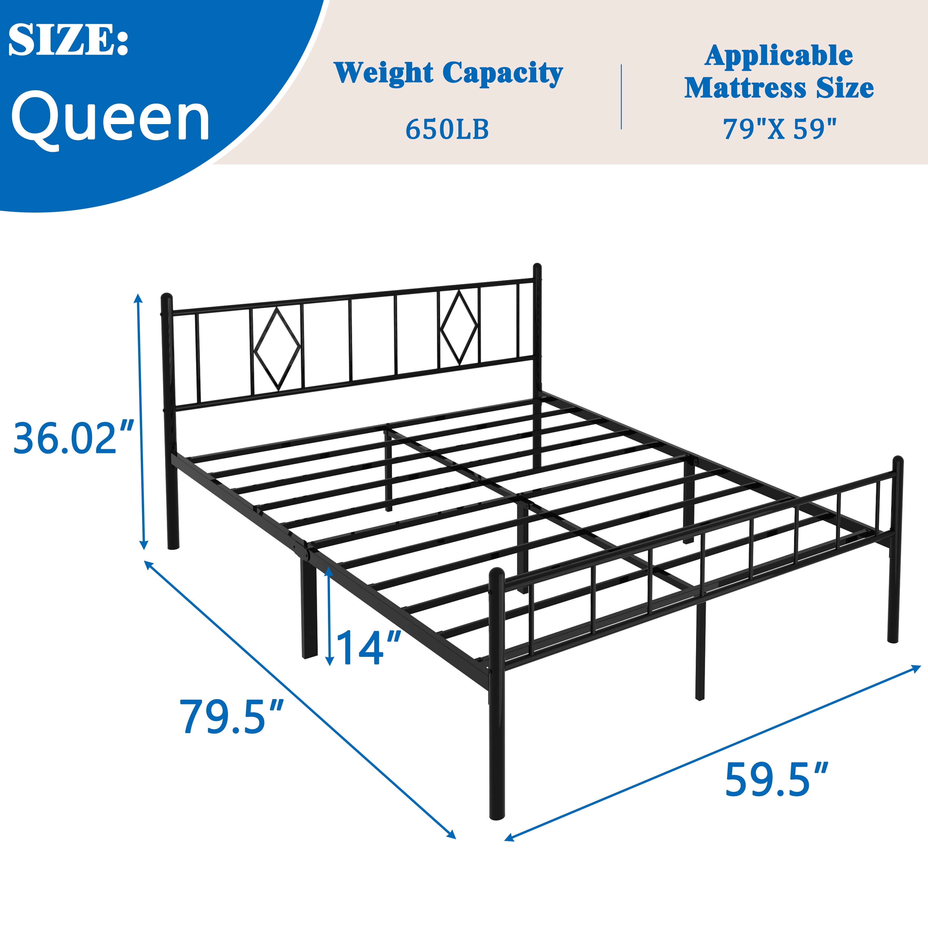 MAYEERTY 14"H Queen Size Metal Bed Frames with Iron-Art Headboard, Footboard, No Box Spring Needed, Black