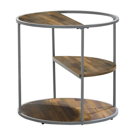 Lenn 24 Inch 3 Tier Round Brown Side End Table Half Shelf Gray Frame - Saltoro Sherpi