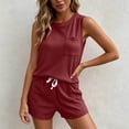 thumbnail image 2 of FINALGANG Womens Waffle Knit Two Piece Outfit Crew Neck Sleeveless Tank Top With Pocket Drawstring Waist Shorts Casual Matching Set For Loungewear Daily Wear Leisure Set, 2 of 4