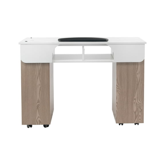 Seneca Manicure Table, Nail Station for Beauty Salon Furniture & Equipment, Stone Top Acetone Resistant & 2UV Hole, Ash Wood