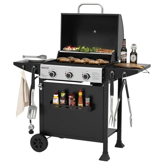 Royal Gourmet 3-Burner BBQ Gas Grill with Front Spice Rack, Two Side Shelves and Hooks, 30,000 BTU, GH3001H