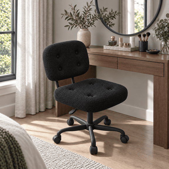 YERAIRR Black Teddy Fleece Desk Chair, Armless Vanity Chair with Back and Wide Seat for Dorm or Office