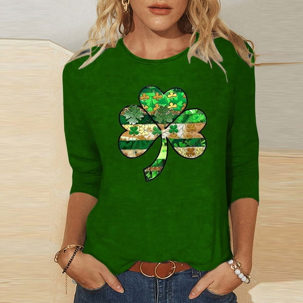 TaTaai Women St. Patrick's Print Crew Neck 3/4 Sleeve Black T-Shirt Loose Casual Top Ladies Spring Street Wear Lightweight Breathable Non-See-Through No Fading Soft Top Gift