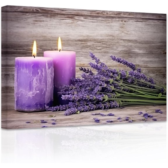 ZHONGYUTONG Spa Bathroom Wall Decor Purple Lavender Candles on Wood Board Canvas Picture Prints Zen Relaxing Farmhouse Artwork for Meditation Room Framed (12.00" x 18.00")