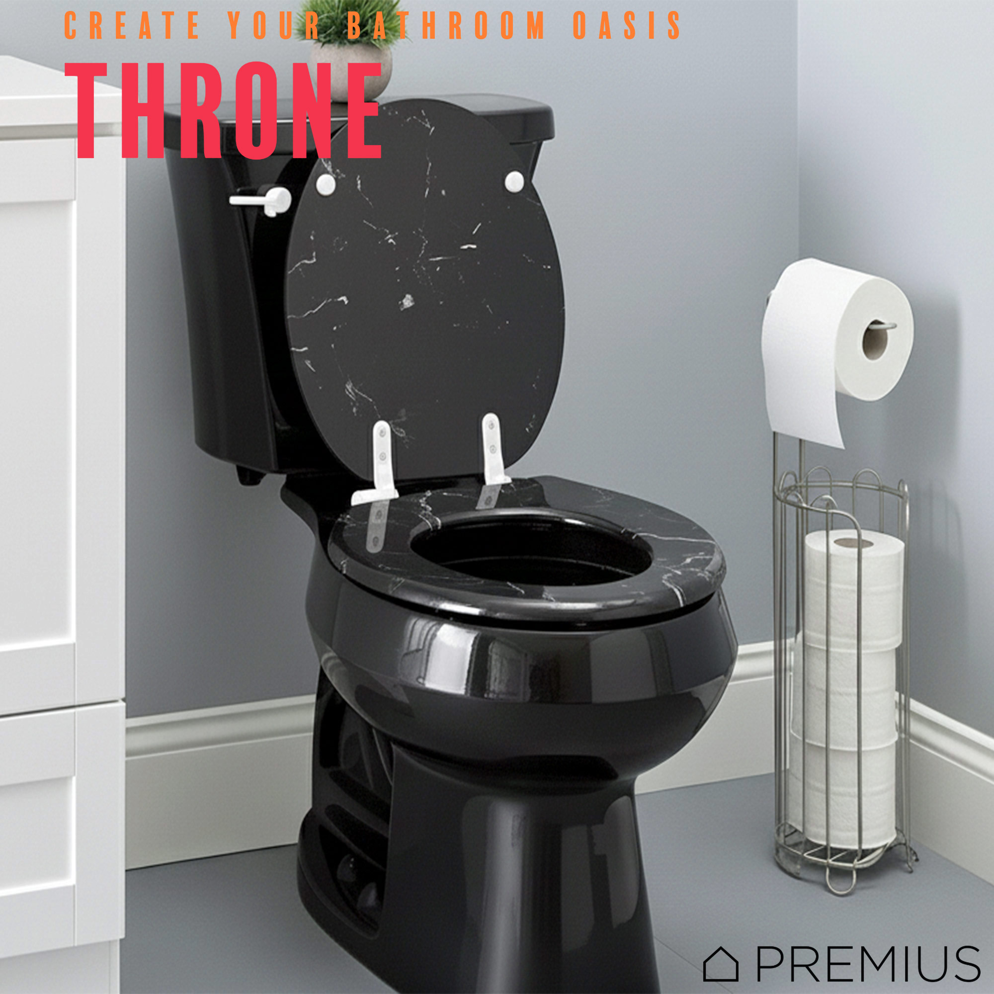 PREMIUS Printed MDF Wood Round Toilet Seat with Plastic Hinges, Black Marble, Standard 17 Inches
