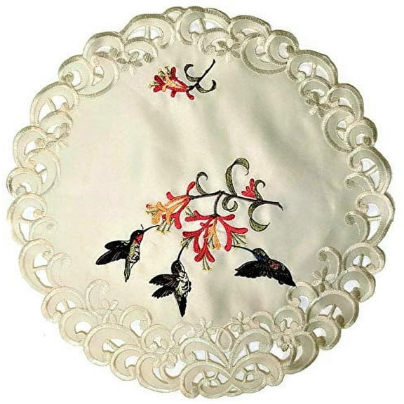 Doily Boutique Round Doily Embroidered with Hummingbirds on Ivory Material, Size 23 inches