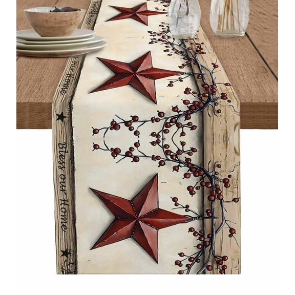 ERUNPONLY Red Texas Star Rustic Table Runner - 70 Inch Long Country Star Berries Wooden Cotton and Linen Blended Dress Scarves Farmhouse Table Runner for Kitchen Dining, Coffee Table, 13"x70"