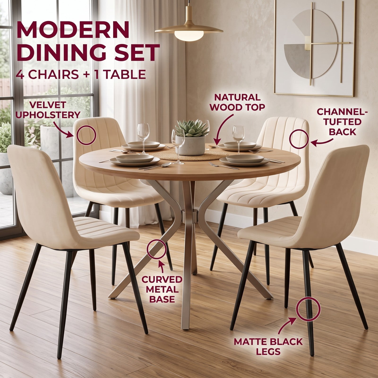 Furnibear Upholstered Fabric Dining Chairs Set of 4, Mid-Century Modern Accent Kitchen Side Chairs with Sturdy Metal Legs, Curved Backrest and Padded Seat for, Beige