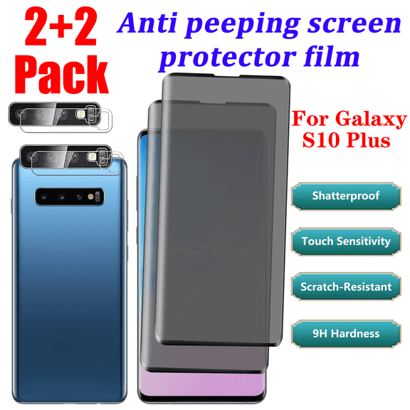 (2 2 Pack) For Samsung Galaxy S10 Plus (6.4 Inch)screen tempered film, 2 packs screen protector and 2 packs lens protector, 9H hardness, no bubbles, scratch resistant, touch sensitive