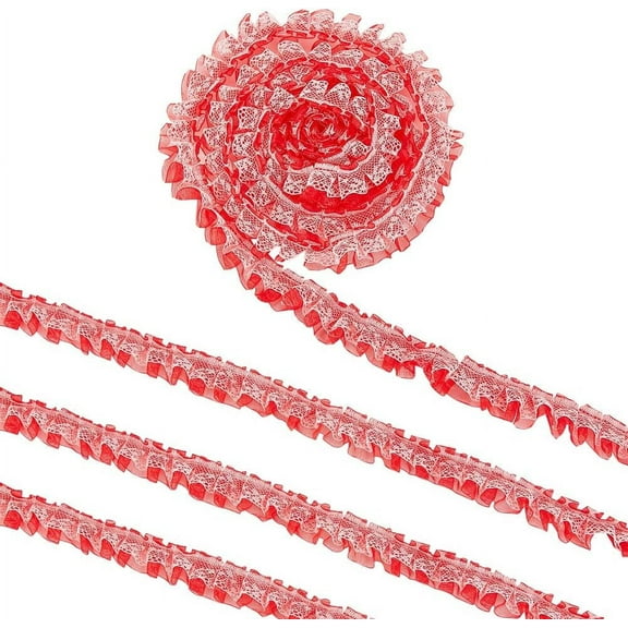 19.7 Yards Red Ruffled Chiffon Tape Ribbon Double Layer Pleated Polyester Lace Trim Mesh Lace Ribbon Pleated Lace Edge Trim Garment Accessories for DIY Craft Sewing Ornaments Gift