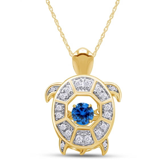 AFFY Round Cut Simulated Blue Topaz With CZ Turtle Floater Pendant Necklace In 14K Yellow Gold Plated 925 Sterling Silver