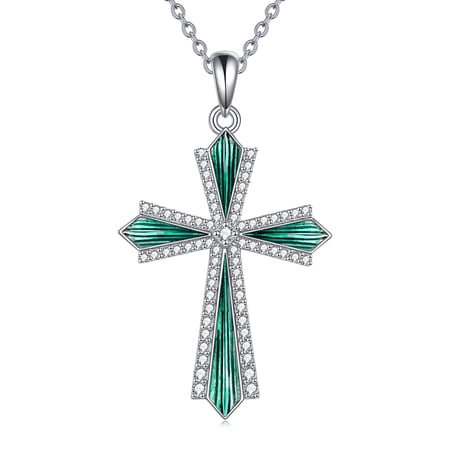 Cross Necklace 925 Sterling Silver Cubic Zirconia CZ Cross Crucifix Pendant Necklace Jewelry for Women Men(07-Green cross)