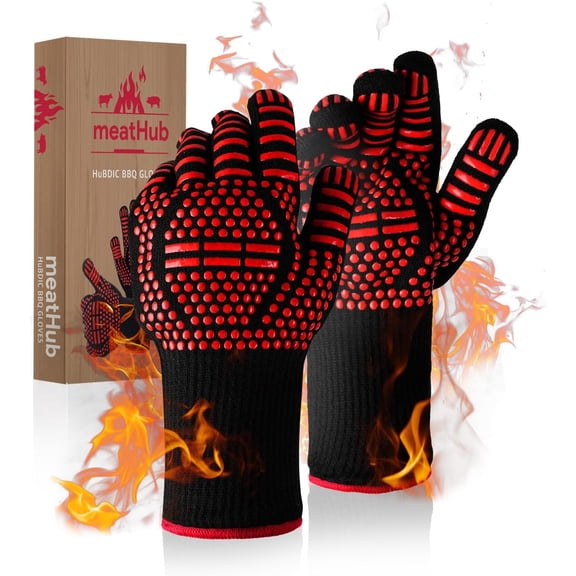 BBQ Gloves Heat and Flame Resistant Protection - Oven and Grill Gloves Hand Protection, Extended Wrist for Addtional Safety, Ideal for Outdoor Cooking, Grilling, Barbeque and Campfire (Red)