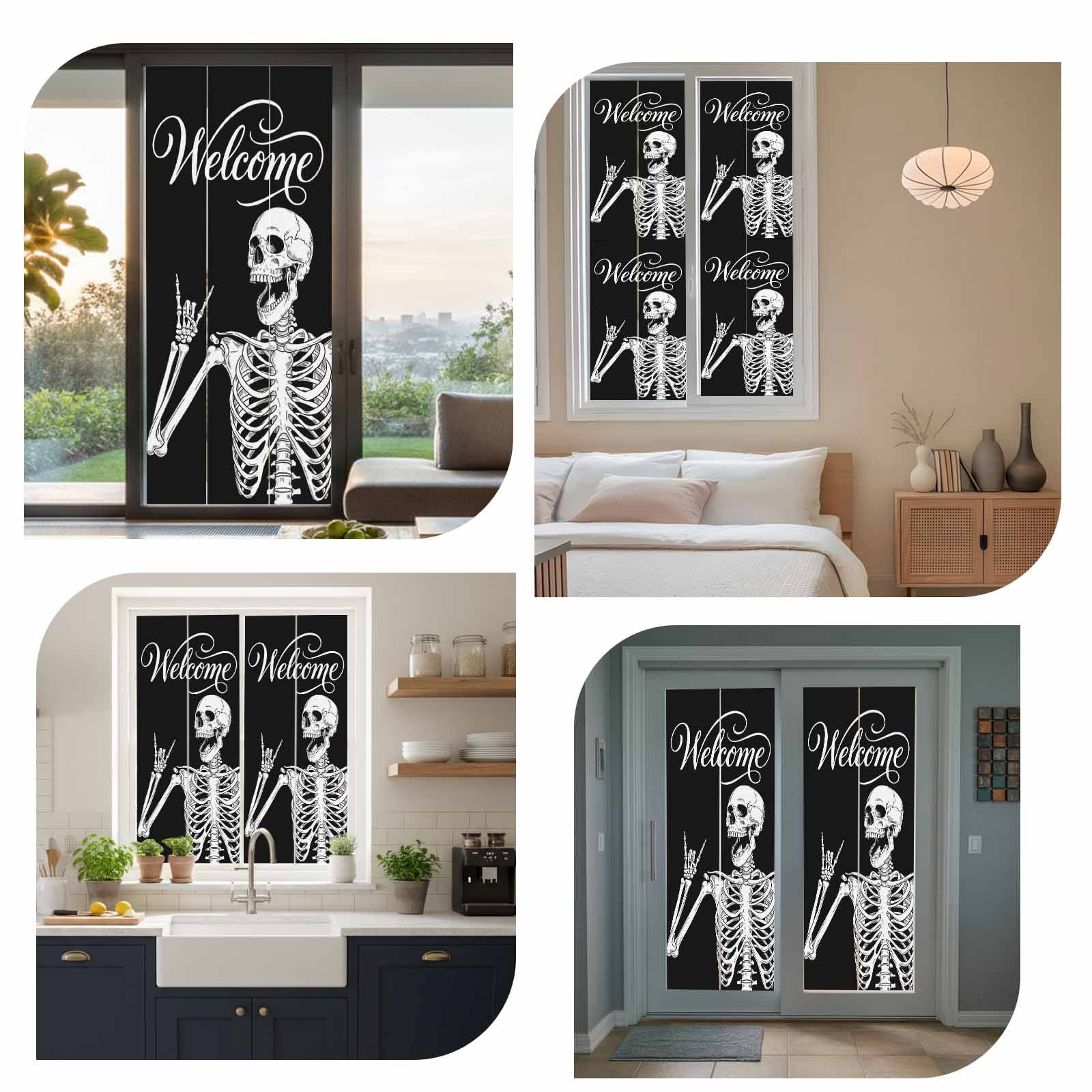 Welcome Skull Window Privacy Film, Funny Skeleton Abstract Black Background Frosted Glass Window Clings Static Cling UV Heat Blocking Reusable Door Sticker for Bathroom 23.6 x 59 Inch