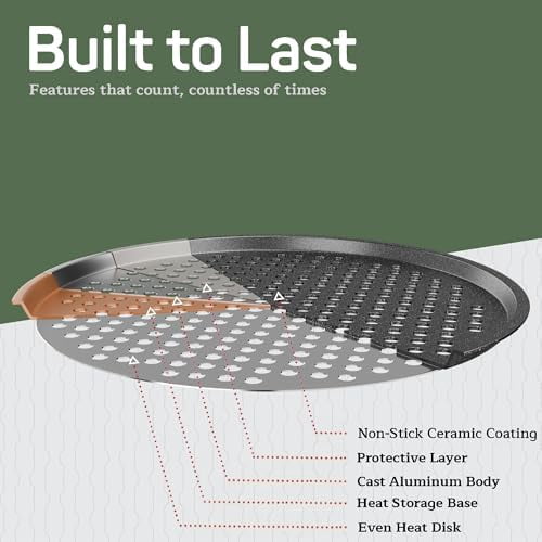 Nonstick Pizza Pan Set with Silicone Handles, Round Carbon Steel Tray 2 Pack 13-Inch with Perforated Holes, Oven & Dishwasher Safe Gray Marble