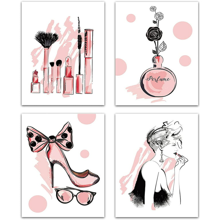  WANBOYA Fashion Women Canvas Wall Art Pink Flower Perfume  Modern Art Prints with Book High Heel 3 Pieces Canvas Pictures Girl Room Wall  Decor for Women Bedroom Bathroom Ready to Hang