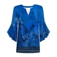 thumbnail image 4 of Royal Blue V Neck Spandex Tshirts for Women Fall Summer Ruffle 3/4 Bell Sleeve Floral Graphic Loose Fit Casual Pleated Tee Shirt Tops Women 2025 Clothing Y2K XXL, 4 of 4