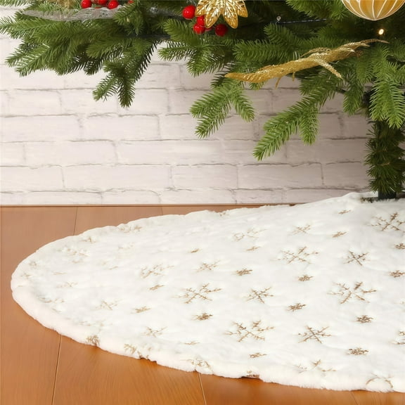 White & Gold Christmas Tree Skirt 30/36/48 Inch Plush Faux Fur Tree Mat with Sparkling Snowflakes, Round Holiday Tree Base Cover for Xmas Decorations, Party, Home & Winter Wonderland