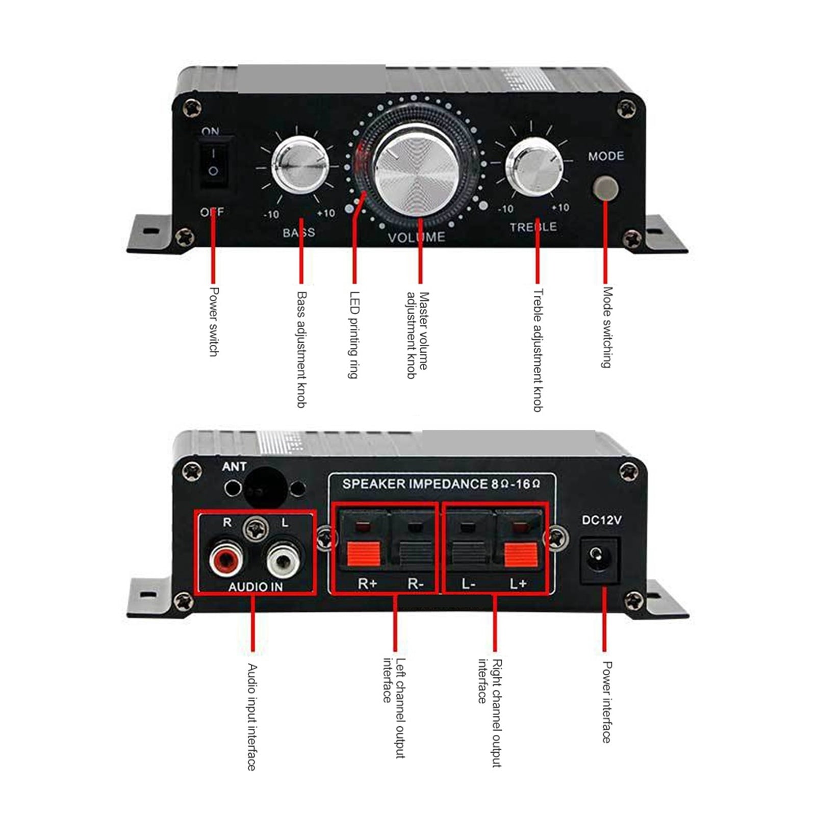 12V Bluetooth Amplifier 2.0 Channel Output HIFI Mini Amp High Bass Sound Amp