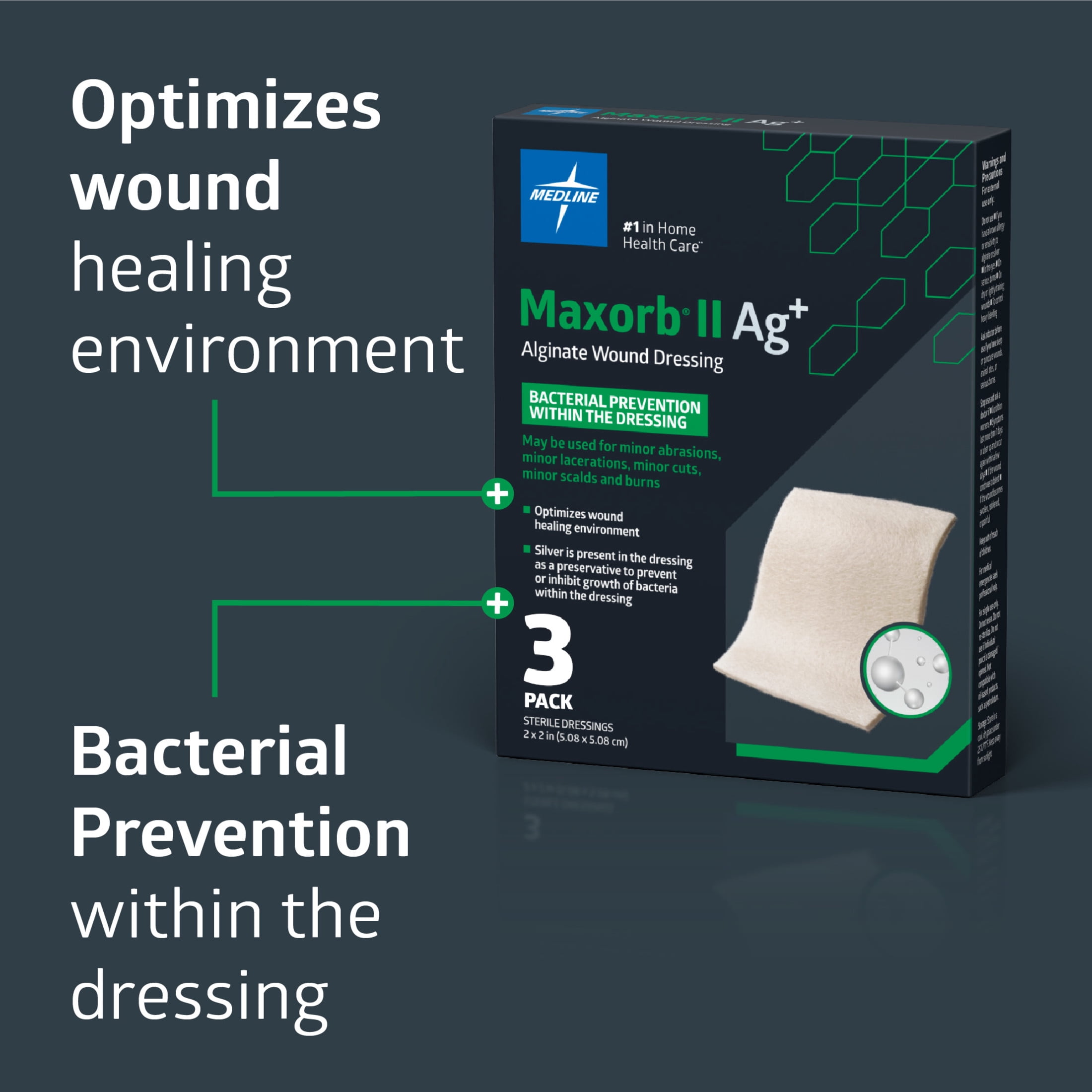 Medline Maxorb II Antibacterial Silver Alginate Wound Dressing, 2 in x 2 in, 3 Count