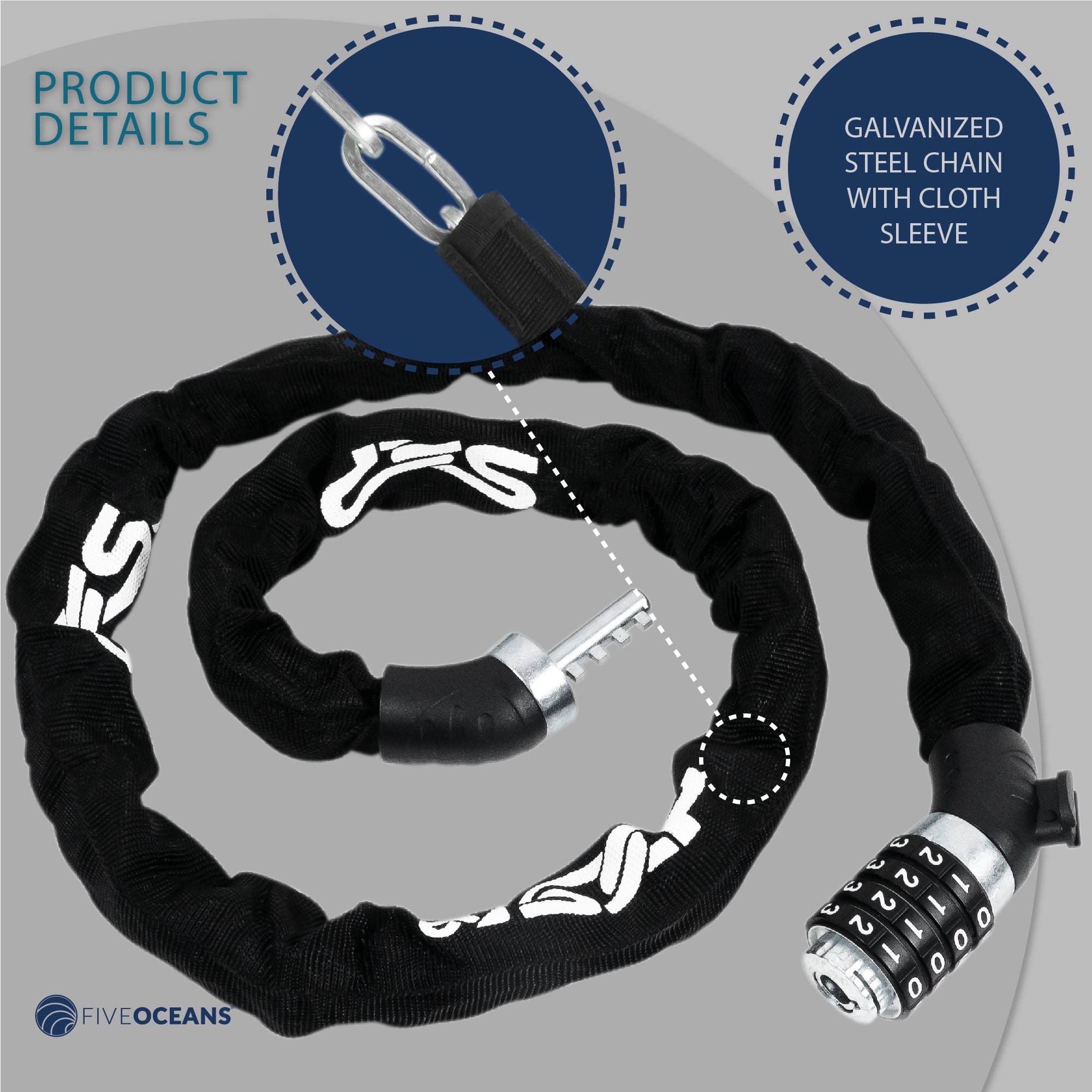 Five Oceans Bike Chain Lock, Combination Anti Theft Bike Locks Heavy Duty, Security Resettable Bicycle Lock with Mounting Bracket, 4 Feet Long for Bike, Motorcycle, Bicycle, Door, Gate - FO3958