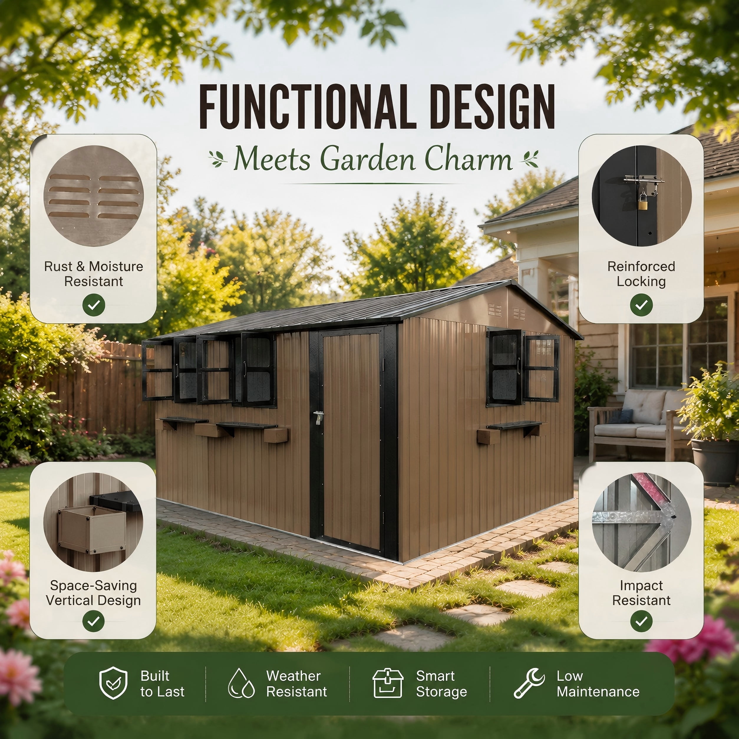Aukfa 12x10 FT Outdoor Metal Storage Shed with 3 Windows & Flower Racks, Lockable Steel Garden Tool Shed for Lawn Mowers, Bikes and Patio Equipment, Brown