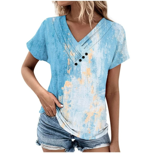 AherBiu Short Sleeve Tops for Women V Neck Gradient Color Comfy Tshirt Tunic Tops to Wear with Leggings