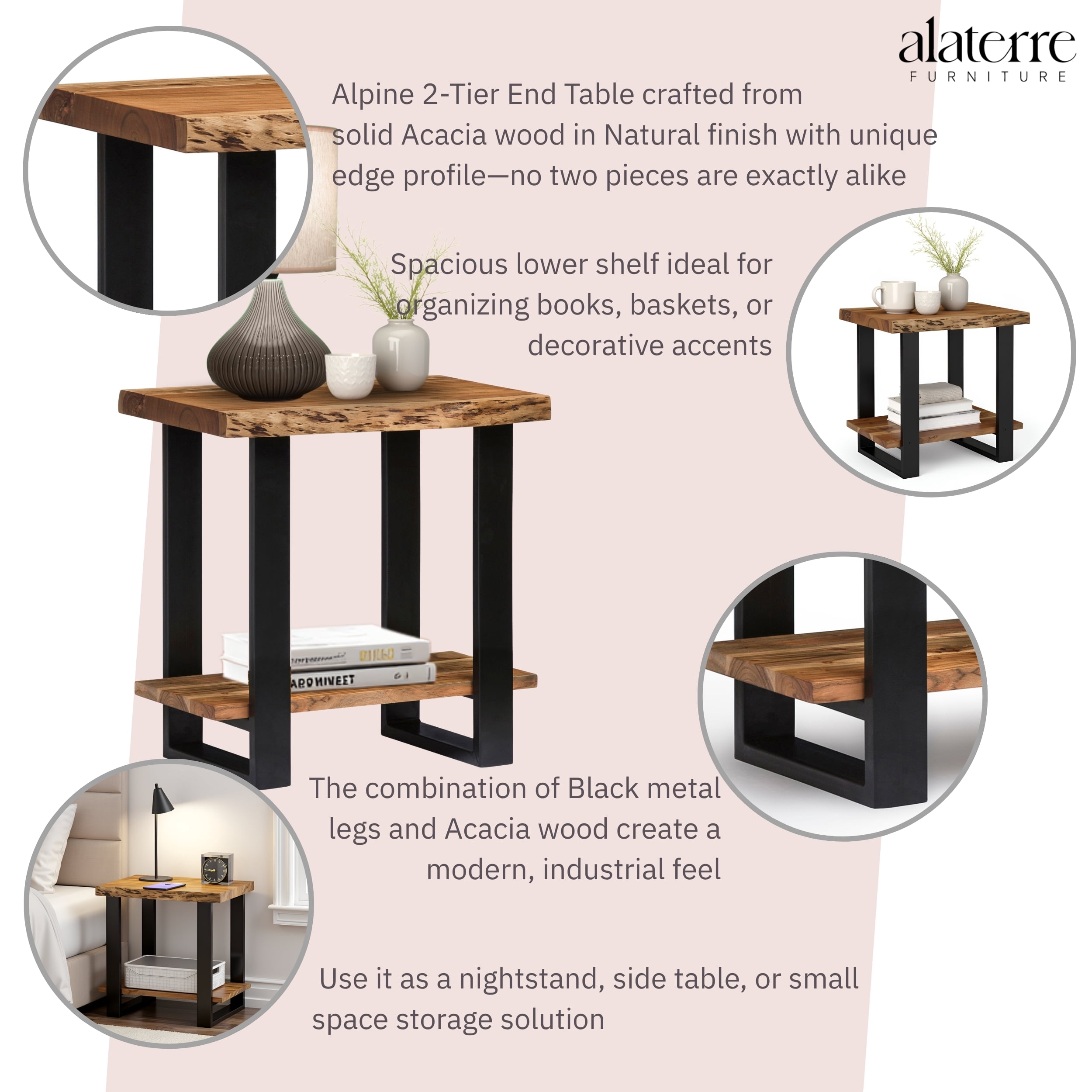 Alpine Natural Live Edge Acacia Wood End Table, Industrial Side Table with Storage Shelf, Modern Nightstand or Living Room Furniture