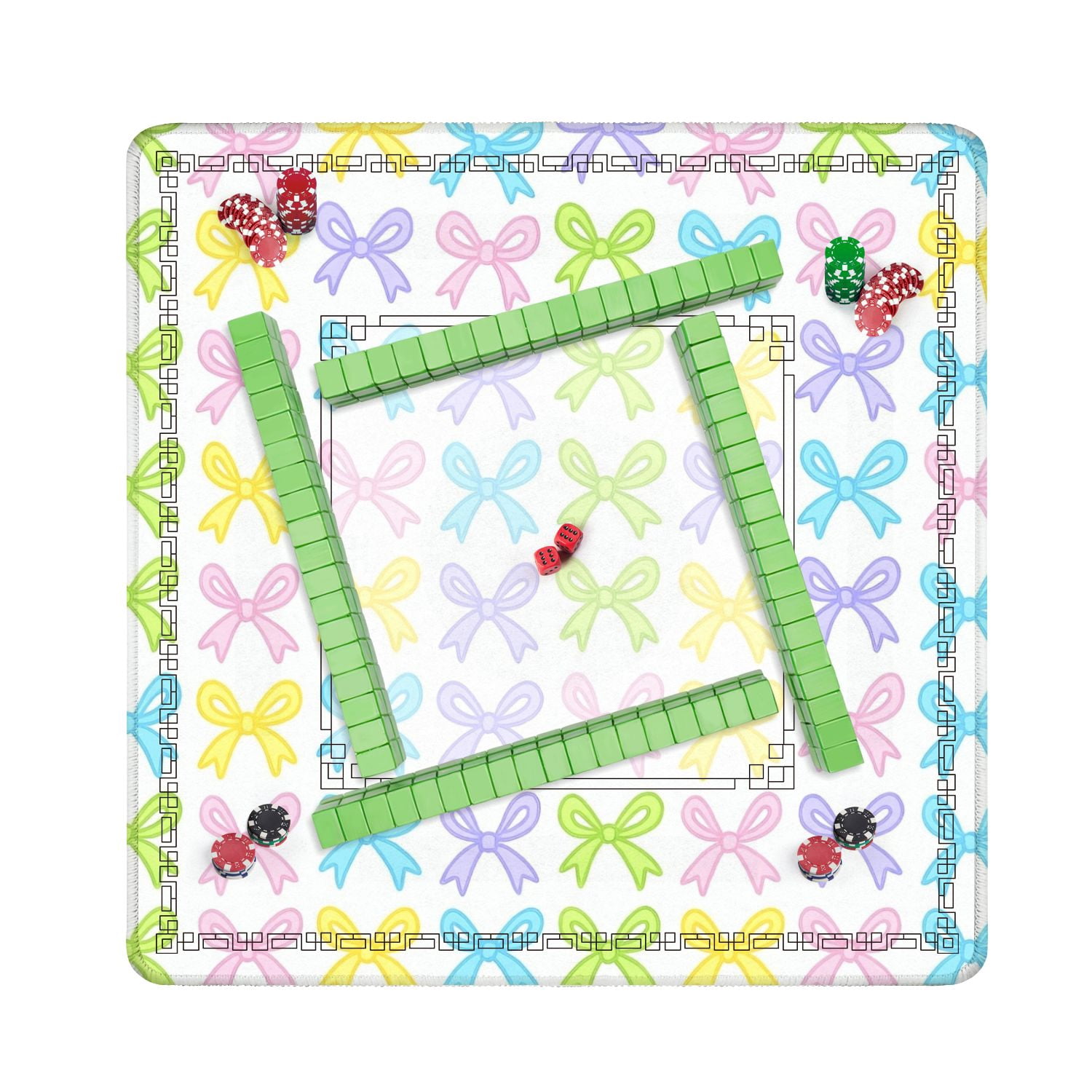 Mahjong Mat 31.5" x 31.5" Colorful Pastel Bow Soft Pink Blue Yellow Green Bows White Non-Slip Noise Reduction American Mahjong Tiles Table Cover for Dominoes Poker Card Board Games Gift