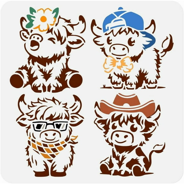 Plantilla reutilizable de vaca escocesa de dibujos animados (4 estilos) para pintar (30 x 30 cm). Plantilla para manualidades y pintura.