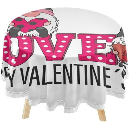 SKYSONIC Valentine's Day Gnomes Heart Round Tablecloth 60inch with Lace Indoor Wrinkle Free, Circular Table Cover Washable Farmhouse Tabletop for Kitchen Dining Decor