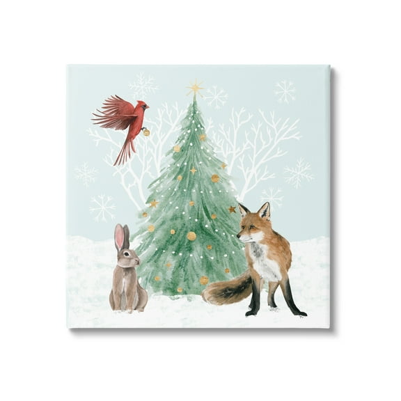 Wintery Wildlife Decorated Christmas Tree Snowflakes Animals & Insects Painting Gallery-Wrapped Canvas Print Wall Art