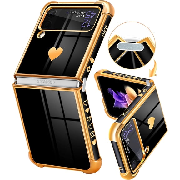 for Samsung Galaxy Z Flip 4 Phone Case Heart for Women Girls Girly Cute Pretty Cases Luxury Black and Gold Plating Love Hearts Unique Design Aesthetic Trendy Cover for Galaxy Z Flip 4 5G 6.7"