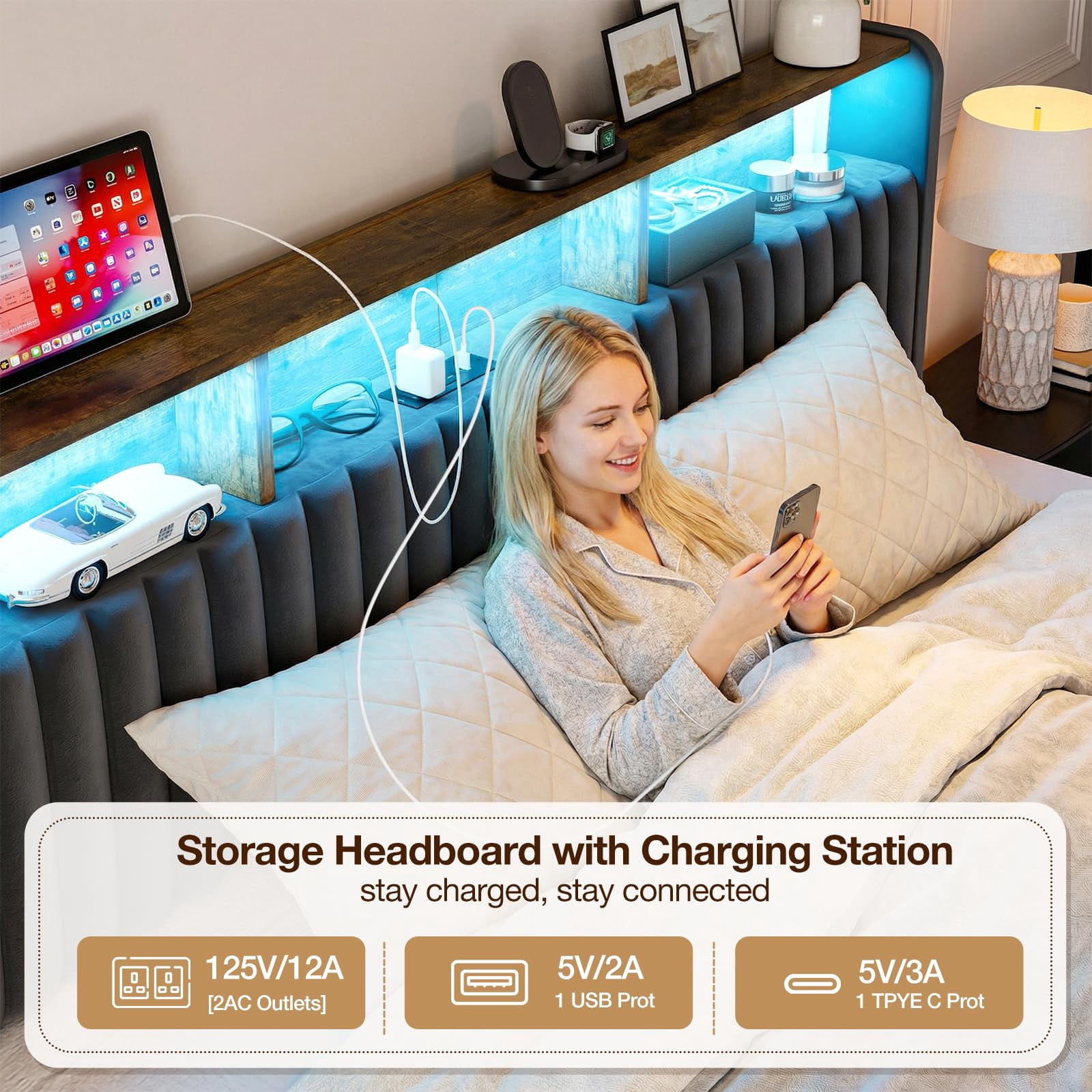 ARICOEASY California King Modern Velvet Upholstered Headboard with Storage Shelf, LED Lights & USB Charging Station, Adjustable Height Freestanding Bed Headboard Only, Black