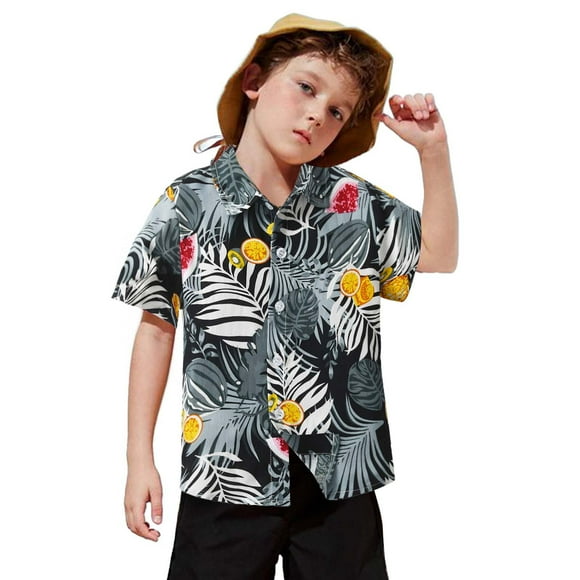 LUOGENLI Shirts for Boys Midi Pencil Shirts Child Toddler Boys Girls Short Sleeve Summer Casual Gentleman Tops Hawaii Beach Holiday Floral Shirts T Shirt Black Size 18-24 Months