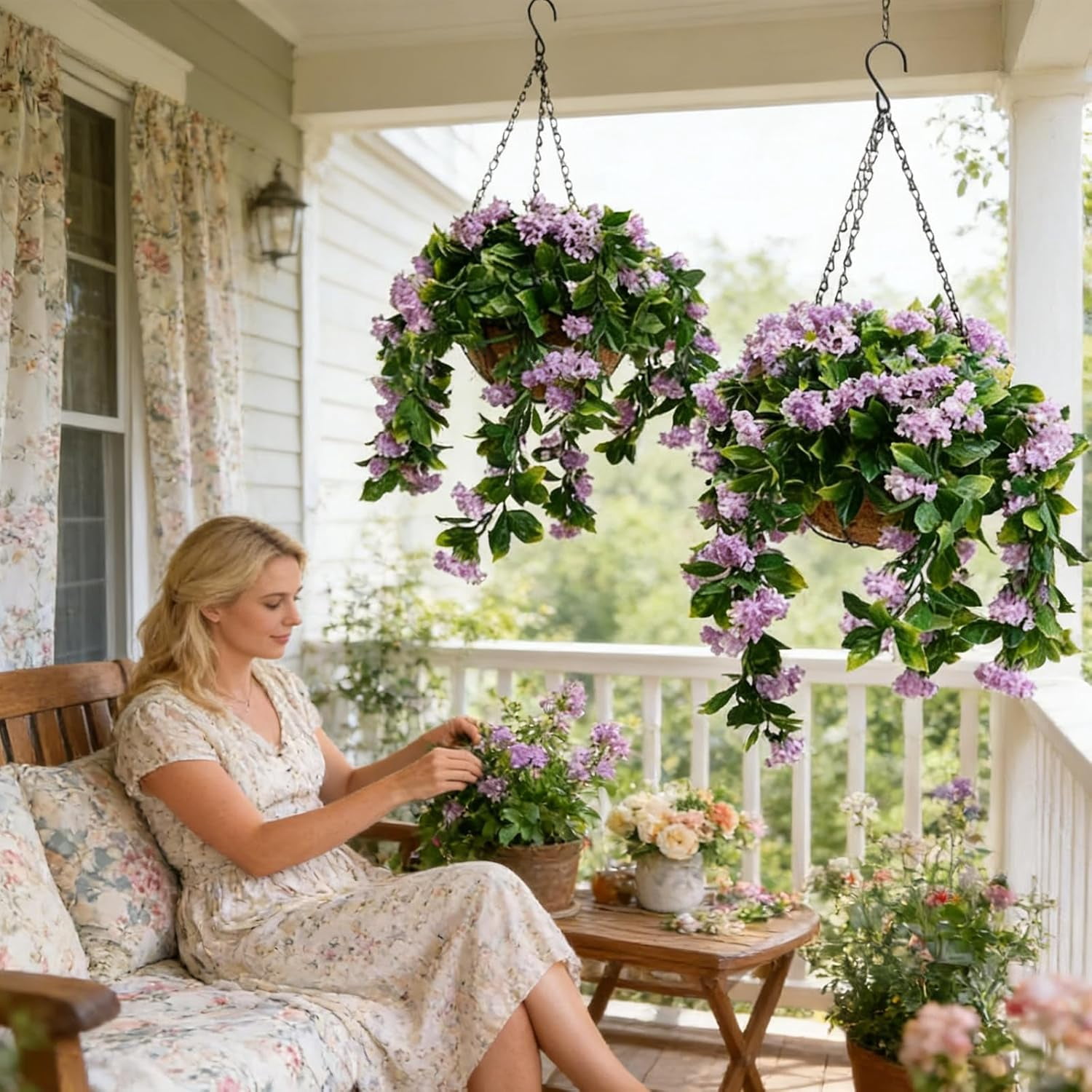 15" Faux Crepe Myrtle Hanging Baskets - Set of 2,Realistic Artificial Flowers for Outdoors, No Maintenance & UV Resistant,Faux Greenery for Home Porch Yard,Garden, Patio,Window Box Decor(Purple,1Pcs)