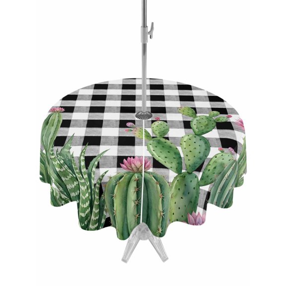Outdoor Tablecloth with Umbrella Hole for Patio/Picnic/Party/Camping, Green Cactus Tropical Waterproof Table Cloth Round Cover Washable, Black White Buffalo Plaid Summer (Dia 60")
