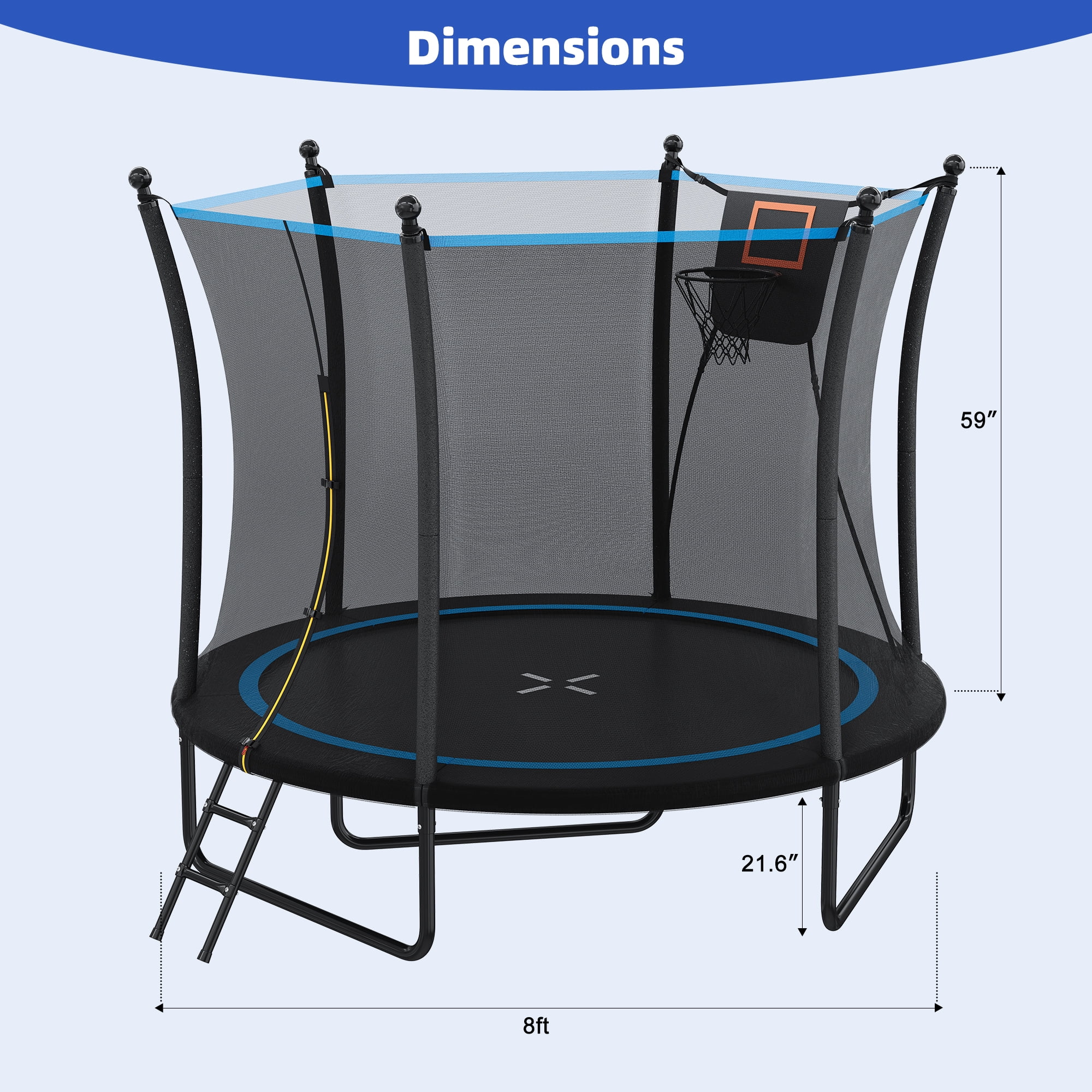 EUROCO 8FT Trampoline with Basketball Hoop and Ladder, 8' Backyard Trampoline for Kids and Adults