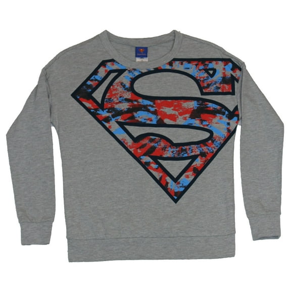 Superman Girls Juniors Pullover Sweatshirt - Big Blue Red Splattered Logo (Small)