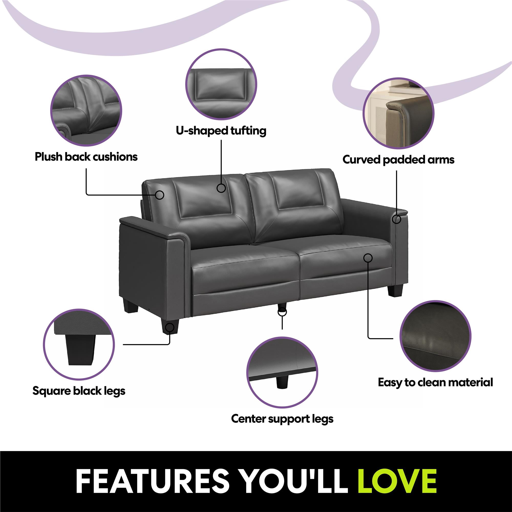 DHP Brodie 75.5" Upholstered Sofa with Pillow Arms, Charcoal Faux Leather