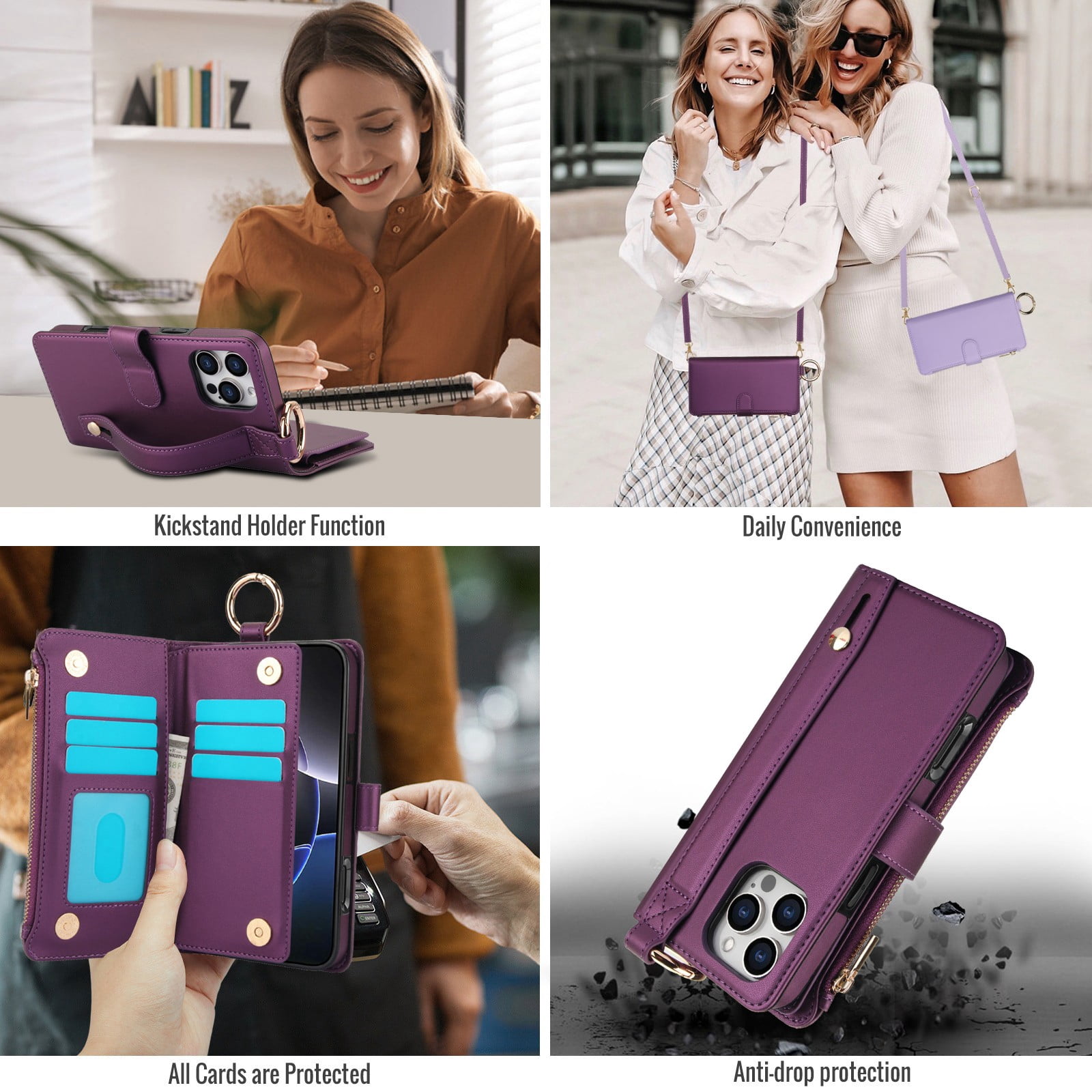 ELEHOLD For iPhone 13 Pro Max Phone Case Leather Crossbody Zipper Card Wallet Flip Case Kickstand Cover, with Ring Holder,Full Body Protection-Deeppurple