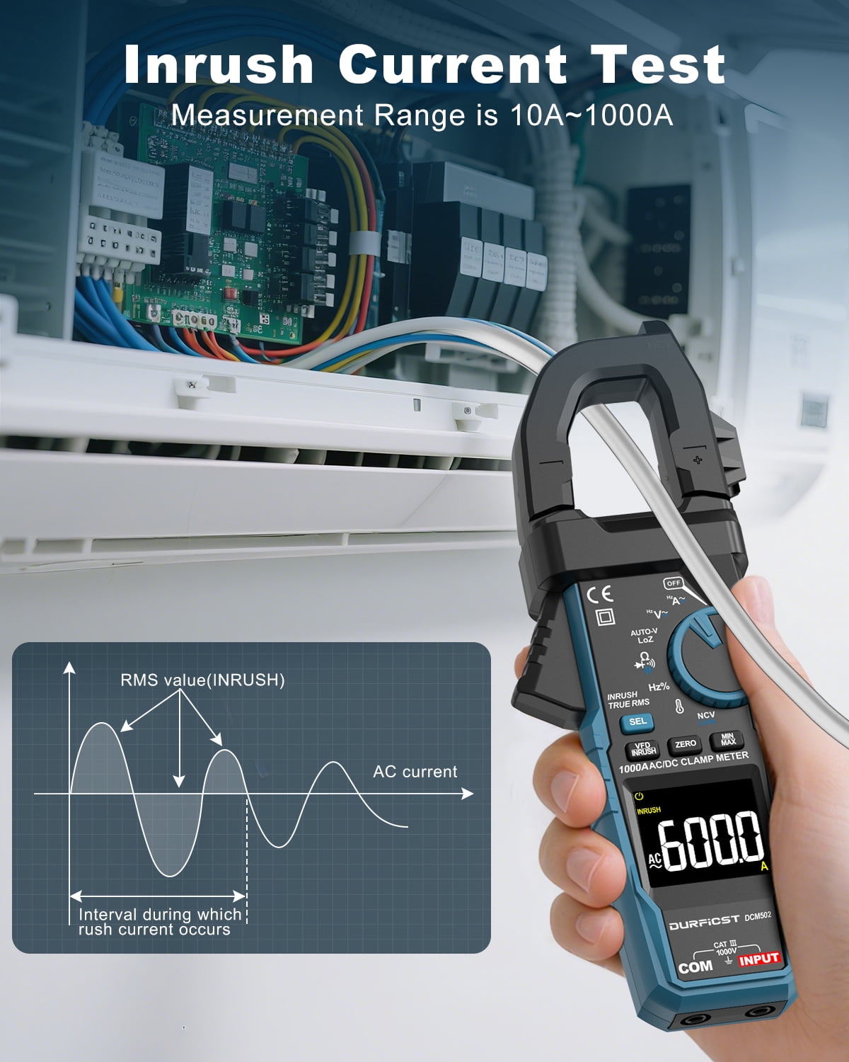 Clamp Meter DURFICST Digital Inrush Clamp Multimeter AC/DC 1000A 6000 Counts Amp Voltage Tester with VFD, LOZ Mode,Measures AC/DC Current Voltage NCV Temperature Resistance Capacitance Frequency