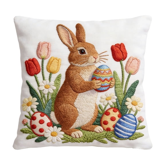 Embroidered Easter Bunny Pillow Cover 18Inch, Short Lint Material Easter Floral Bunny Pillowcases, Spring Decorative Throw Cushion for Sofa or Bedroom