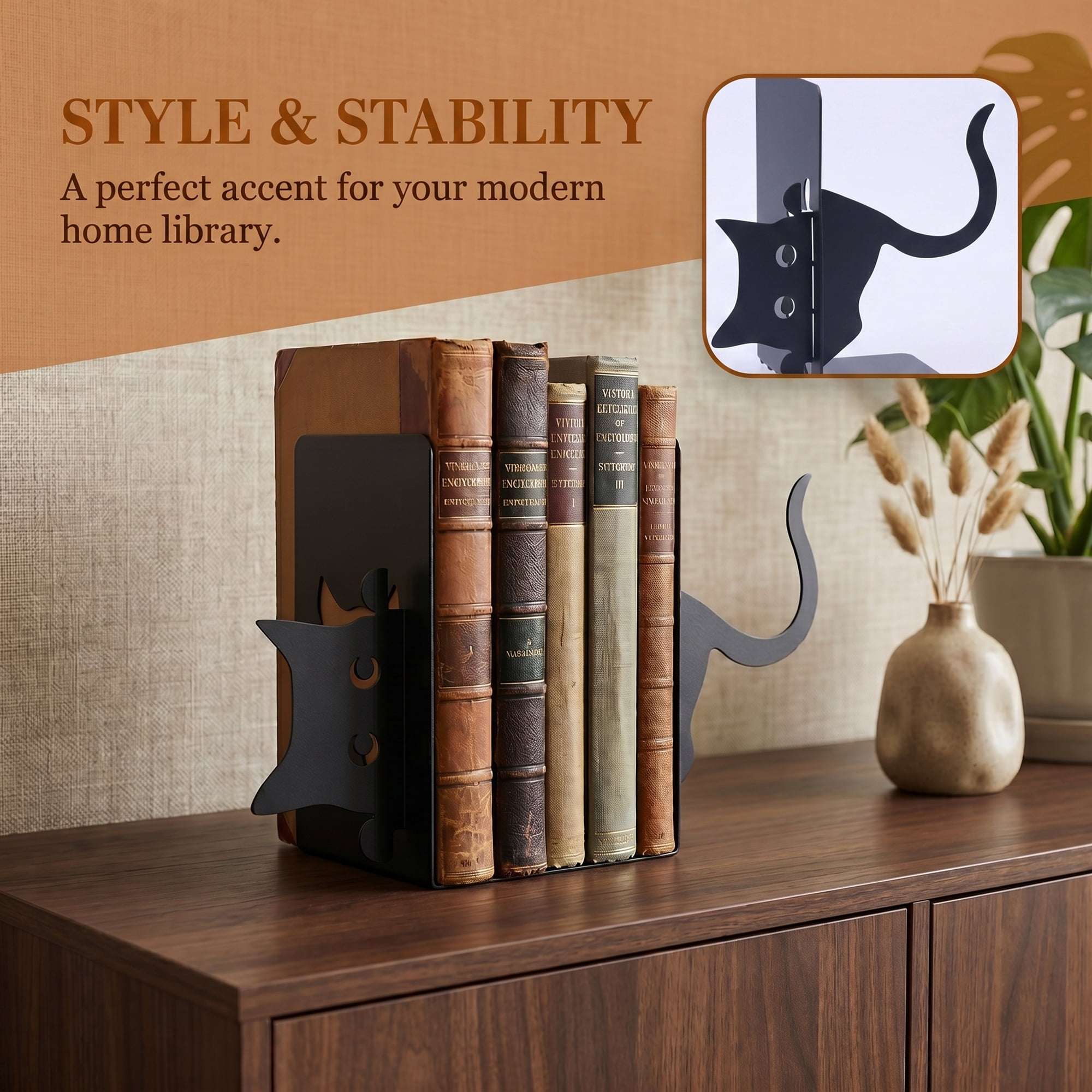 Unique Bargains 2Pcs Decorative Cartoon Metal Bookends Black Cat 4.7*3.6*6.7inch
