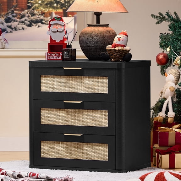 LELELINKY Rattan Night Stand, 23" Large 3 Drawer Boho Nightstand, Black Bed Side End Tables for Bedroom