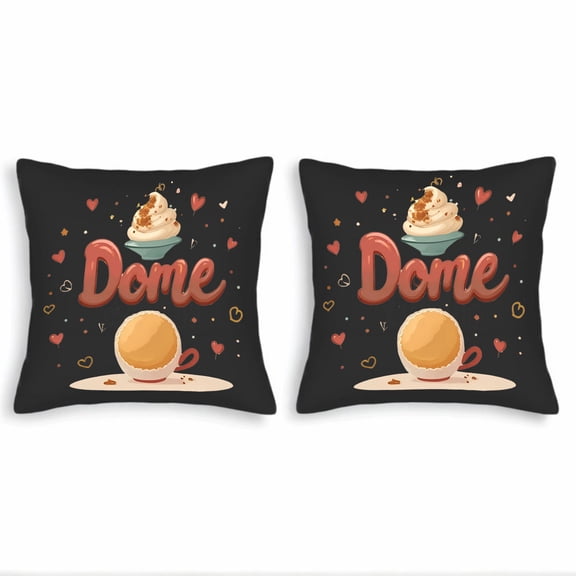 Set of 2 Decorative Throw Pillow Covers 18x18in - Whimsical Black Background with Red ' Dome ' Cursive Colorful Hearts & Cream Swirls